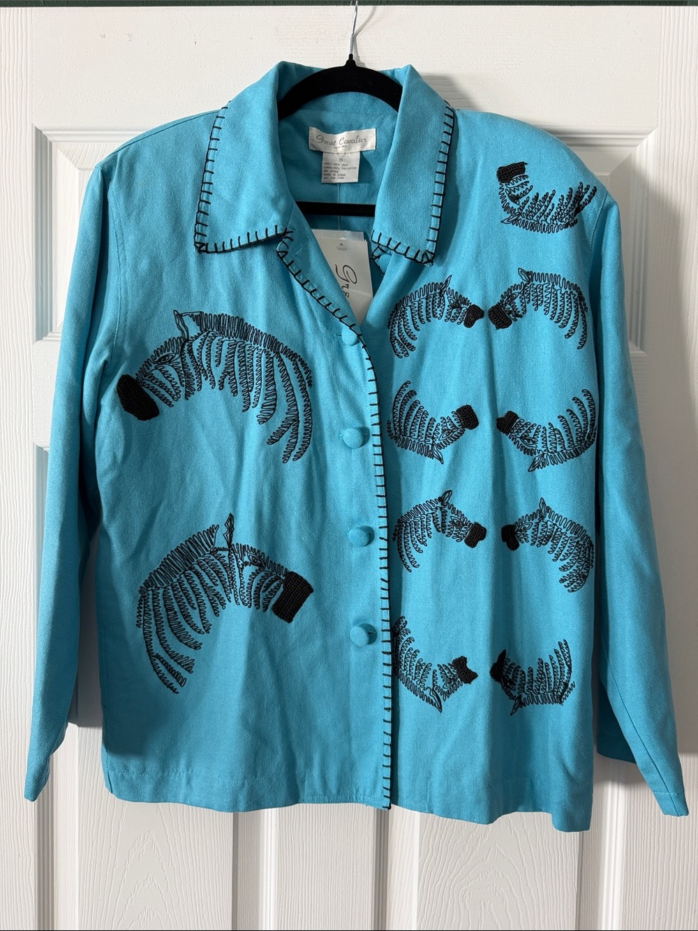 Vintage Great Cavalier Turquoise Zebra Embroidered Button-Front Blazer